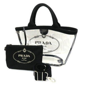 Prada black canvas clear PVC logo tote bag